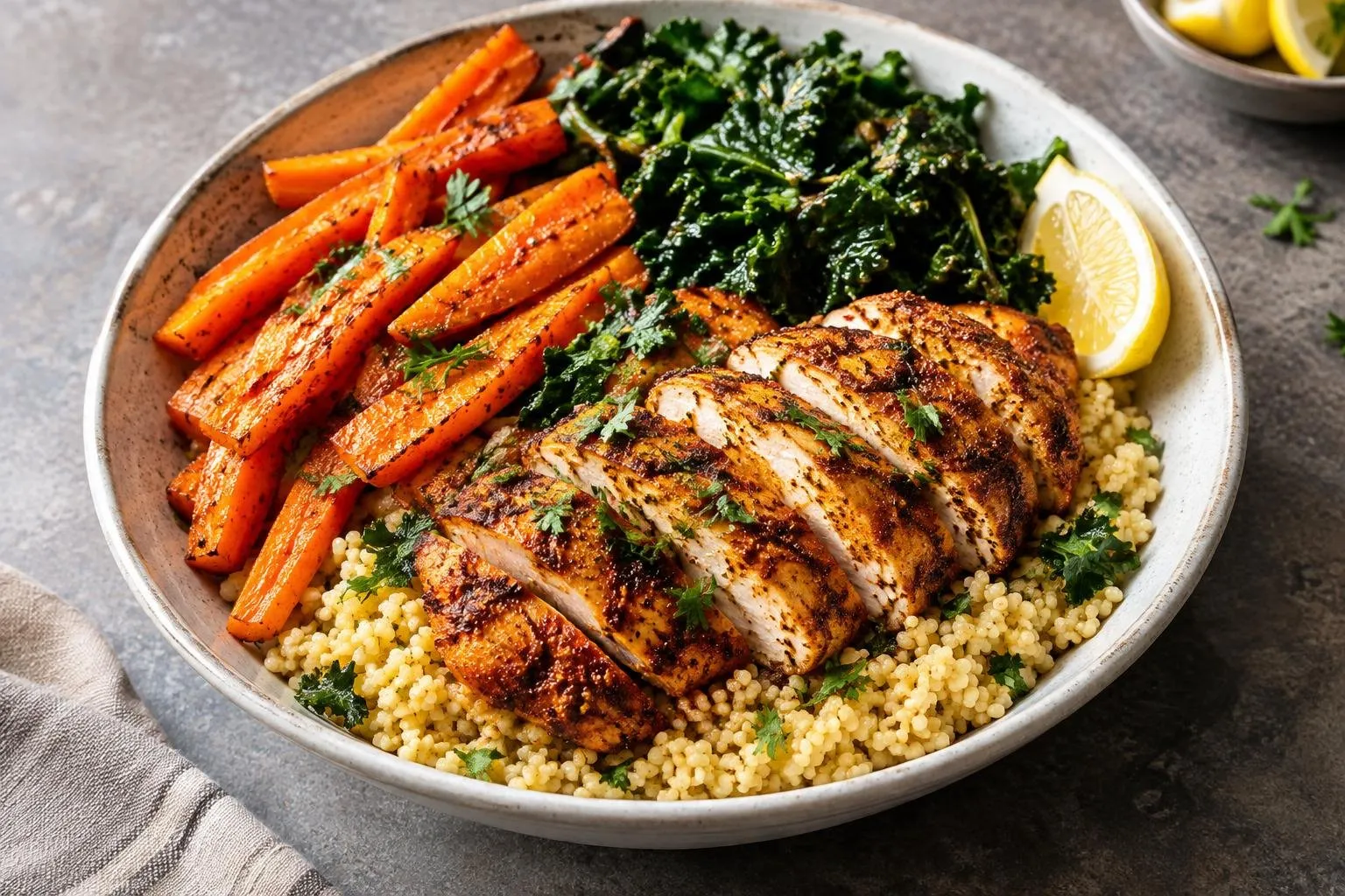 Ethiopian-Inspired Seasonal Millet Grain Bowl with Spiced Chicken plated and ready to serve