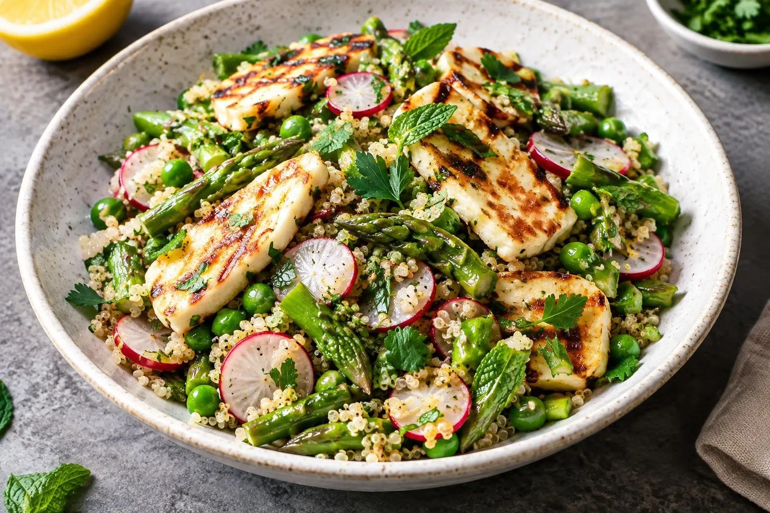 Spring Vegetable & Lemon Herb Quinoa Salad with Grilled Halloumi plated and ready to serve