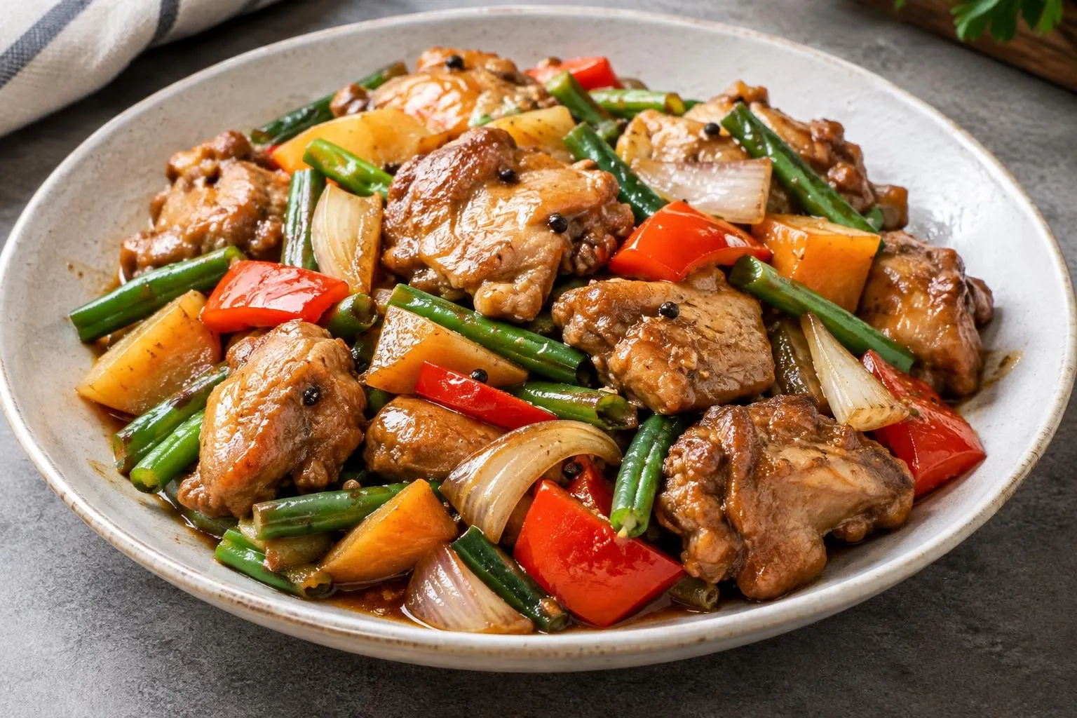 Sautéed Chicken Adobo with Seasonal Vegetables plated and ready to serve
