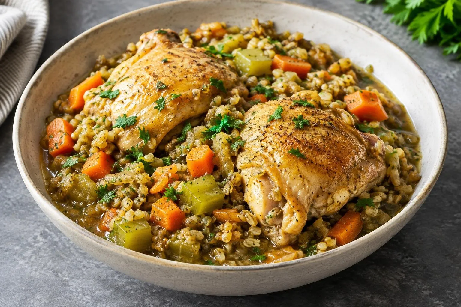 Lebanese Chicken Freekeh Stew plated and ready to serve