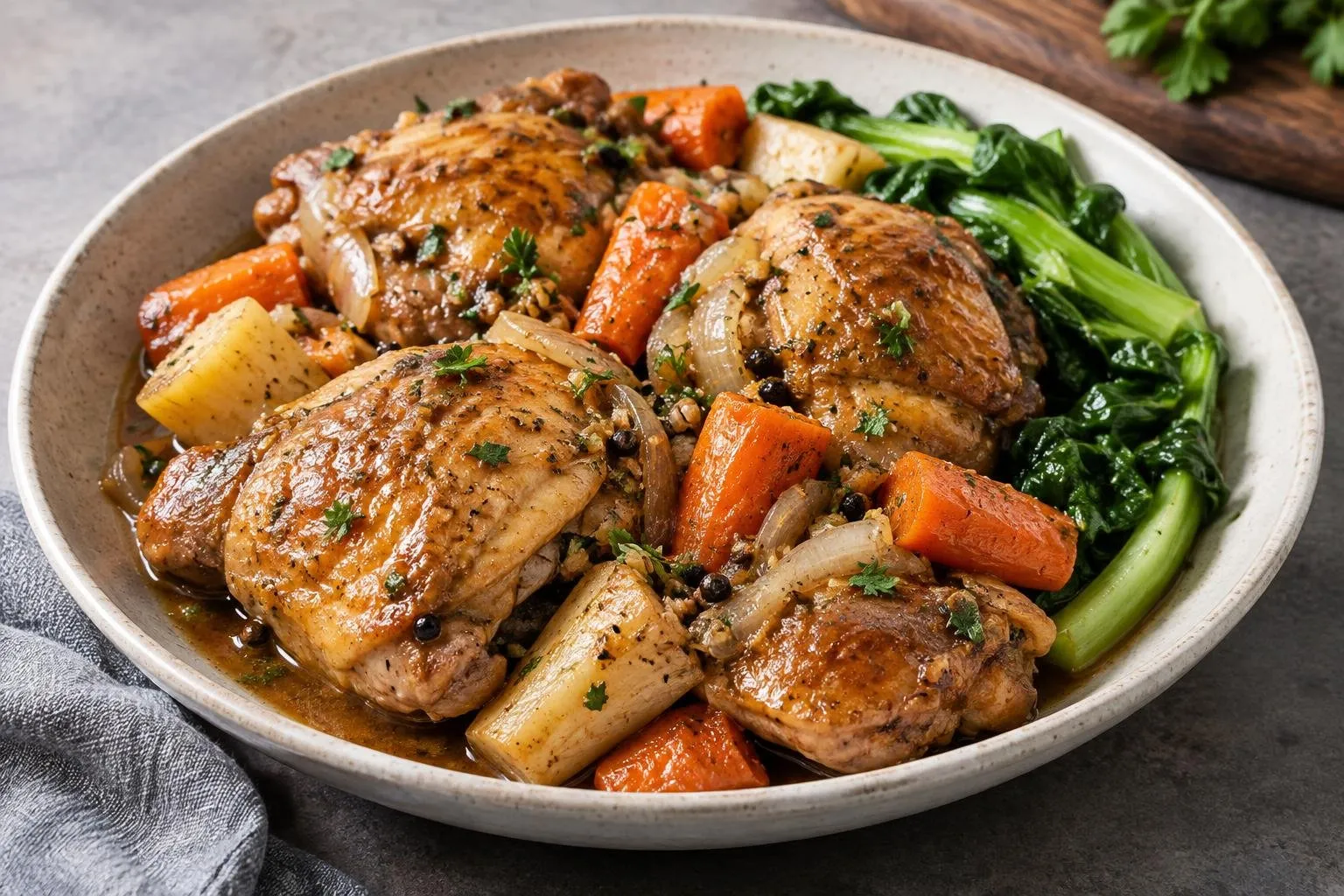 Pressure-Cooked Adobo-Inspired Braised Chicken with Seasonal Vegetables plated and ready to serve