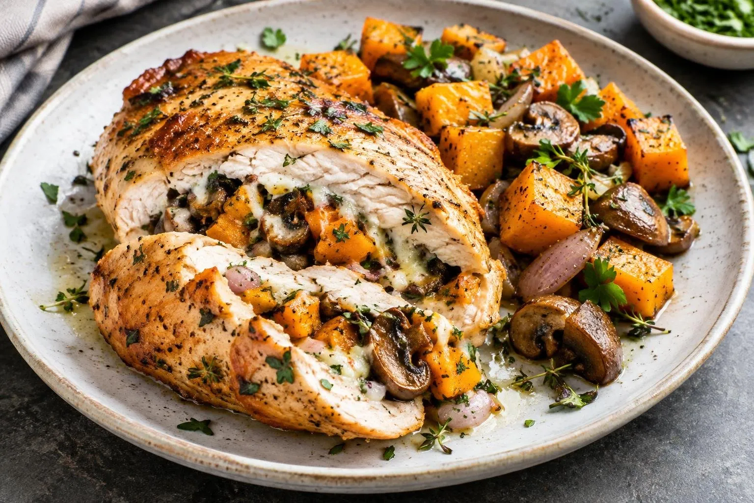 Roasted Autumn Vegetable and Herb-Stuffed Chicken Breast plated and ready to serve