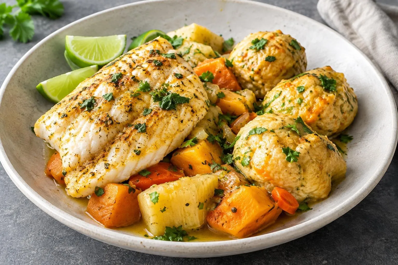 Caribbean Steamed Fish with Spiced Dumplings plated and ready to serve