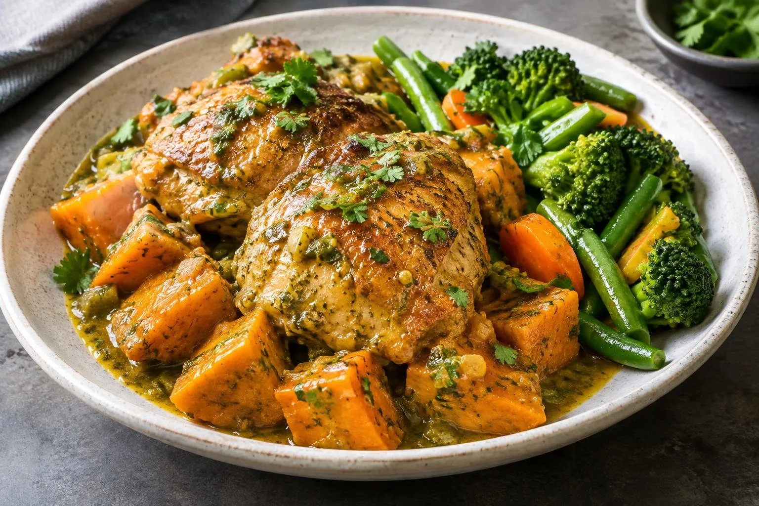 Peruvian Braised Chicken with Sweet Potato and Aji Verde plated and ready to serve