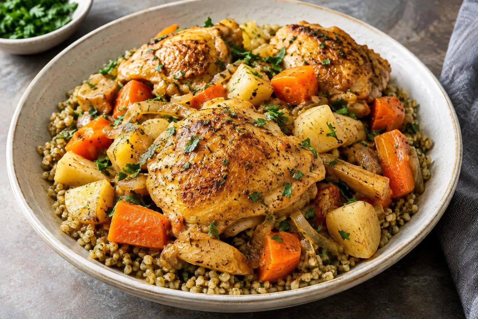 Lebanese Braised Chicken with Freekeh and Root Vegetables plated and ready to serve