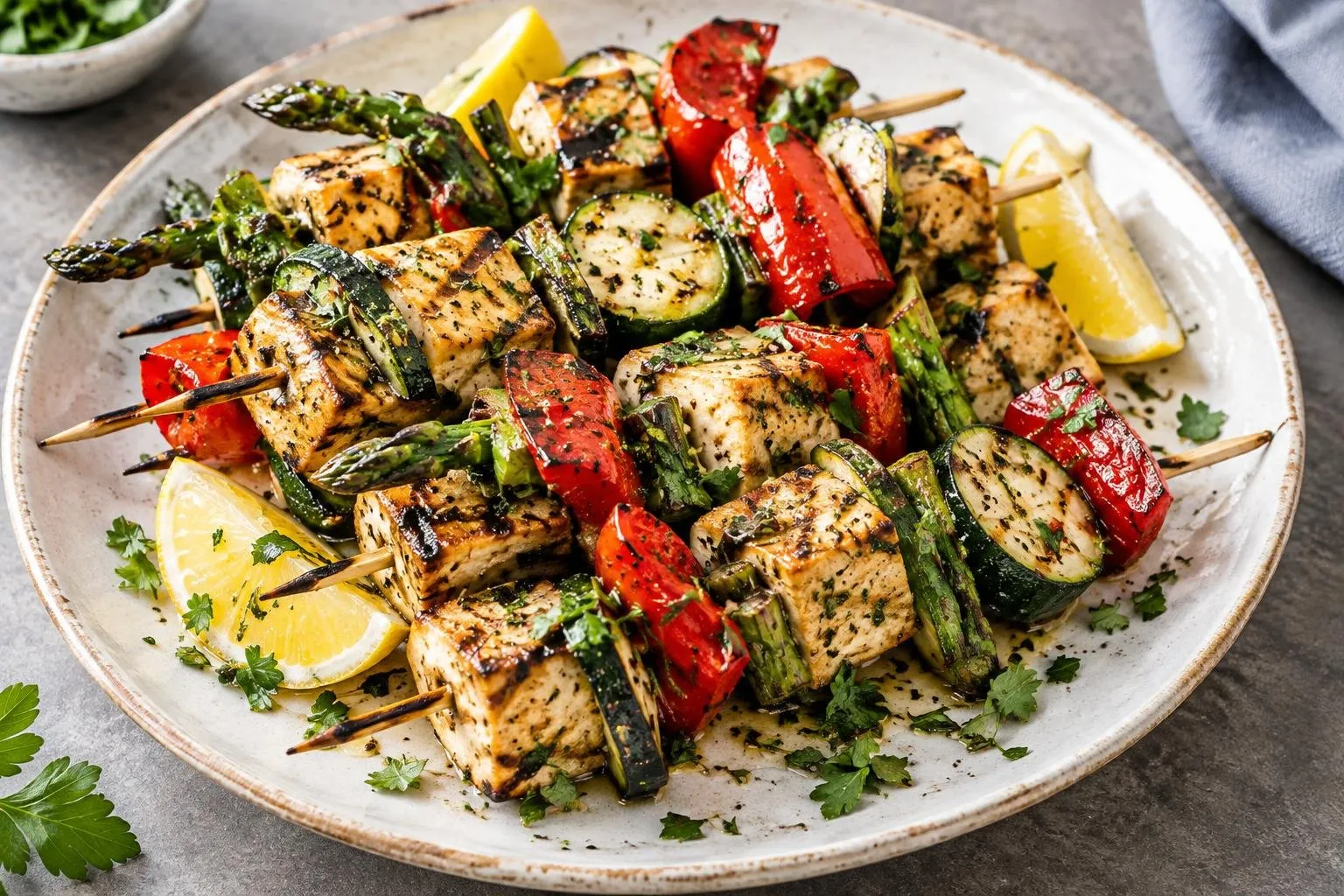 Spring Vegetable and Lemon Herb Grilled Tofu Skewers plated and ready to serve