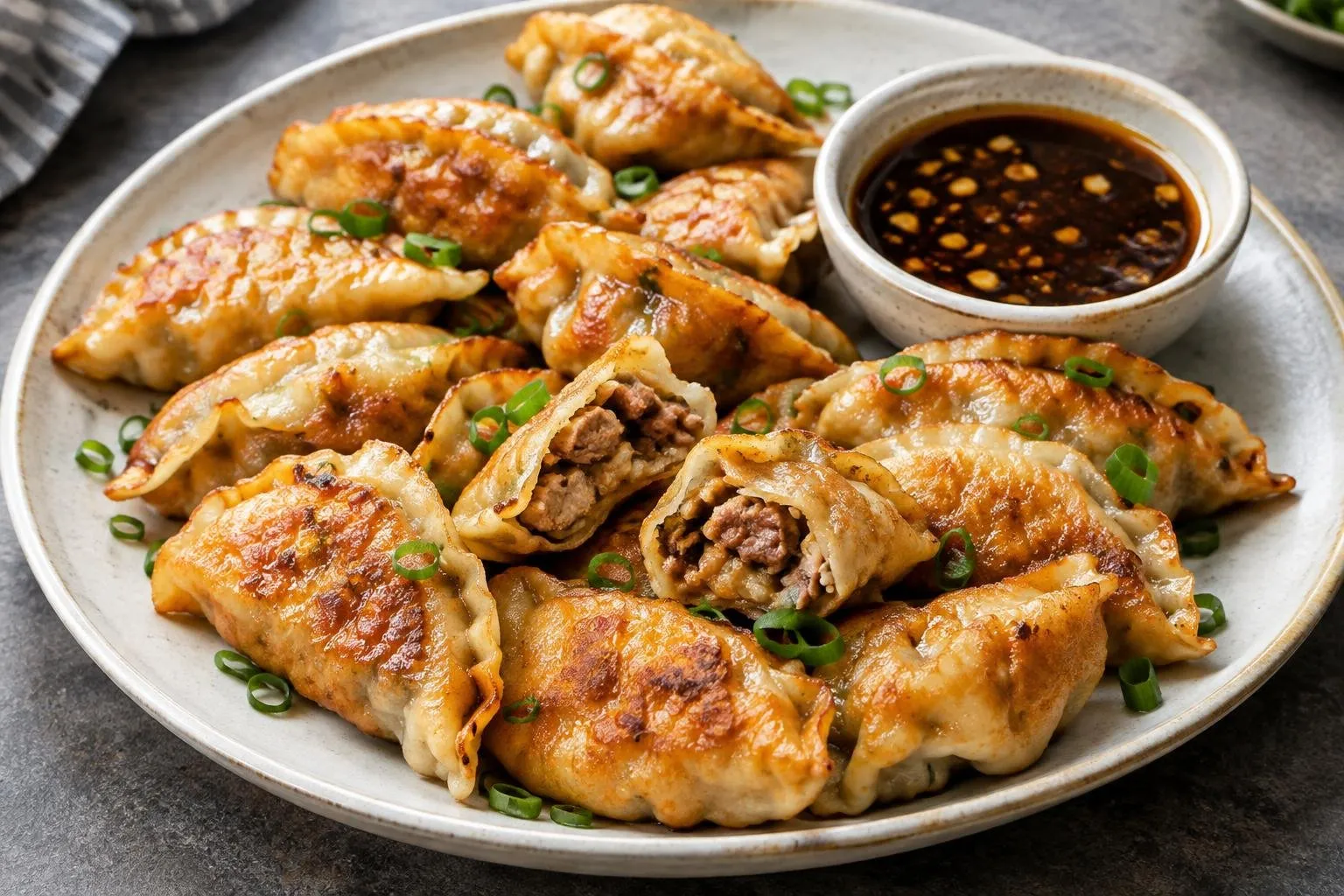 Filipino Pork Adobo Dumplings plated and ready to serve