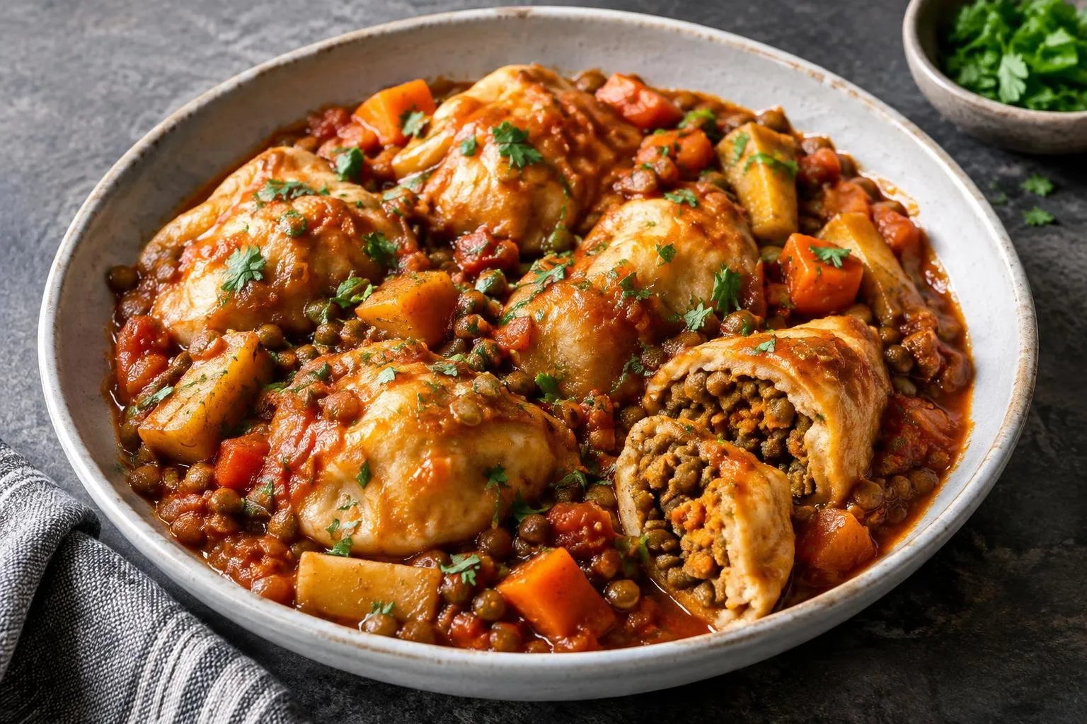 Doro Wot Dumplings with Spiced Lentil Filling plated and ready to serve