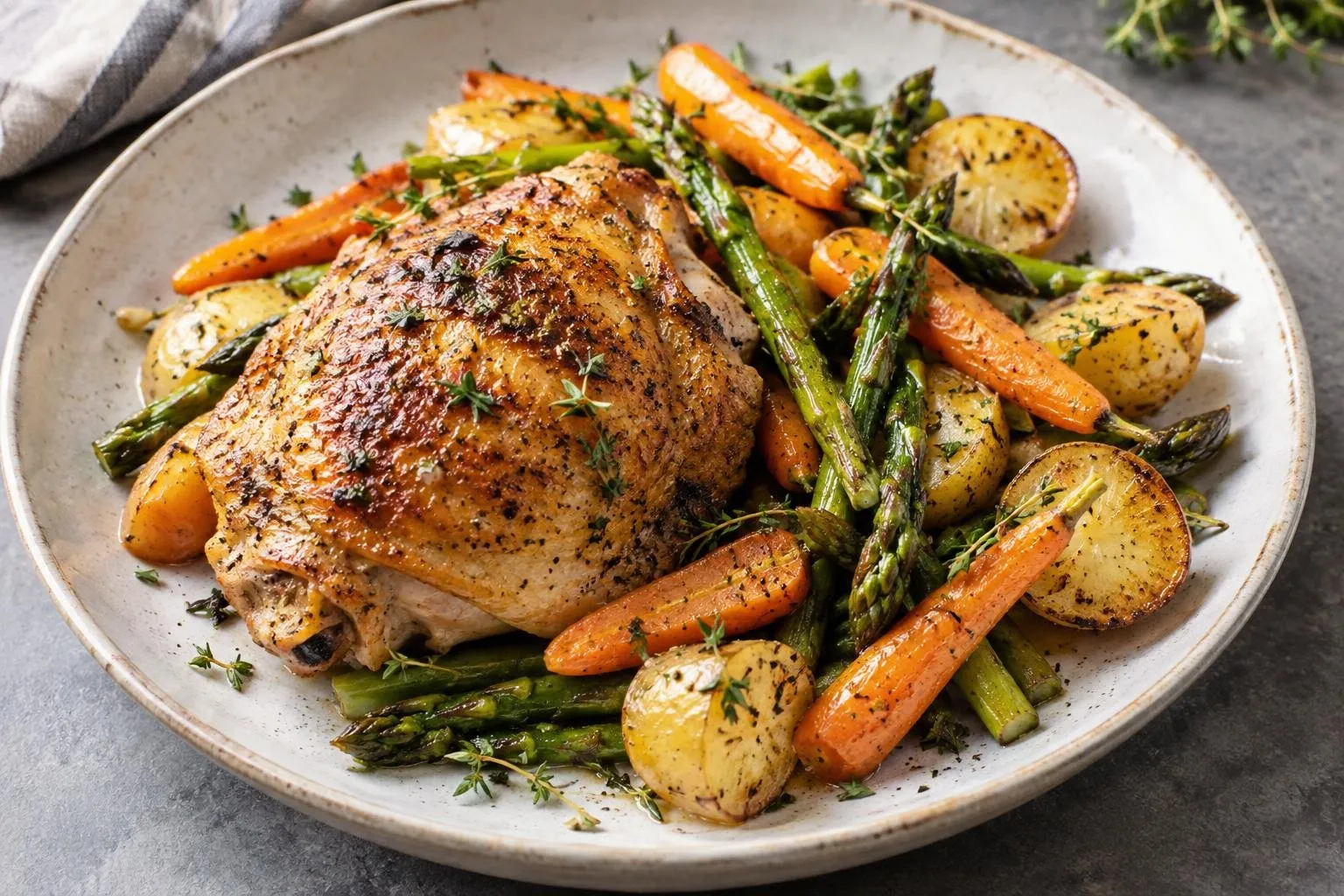 Pan-Seared Chicken Thighs with Roasted Spring Vegetables plated and ready to serve