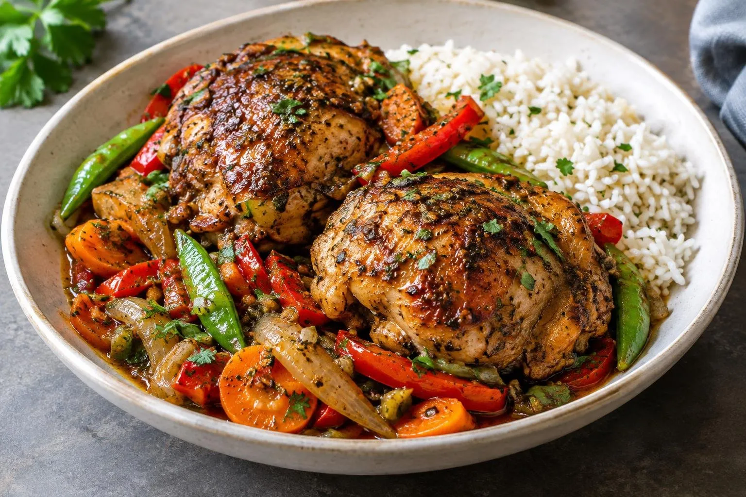 Slow-Braised Caribbean Jerk Chicken Skillet plated and ready to serve