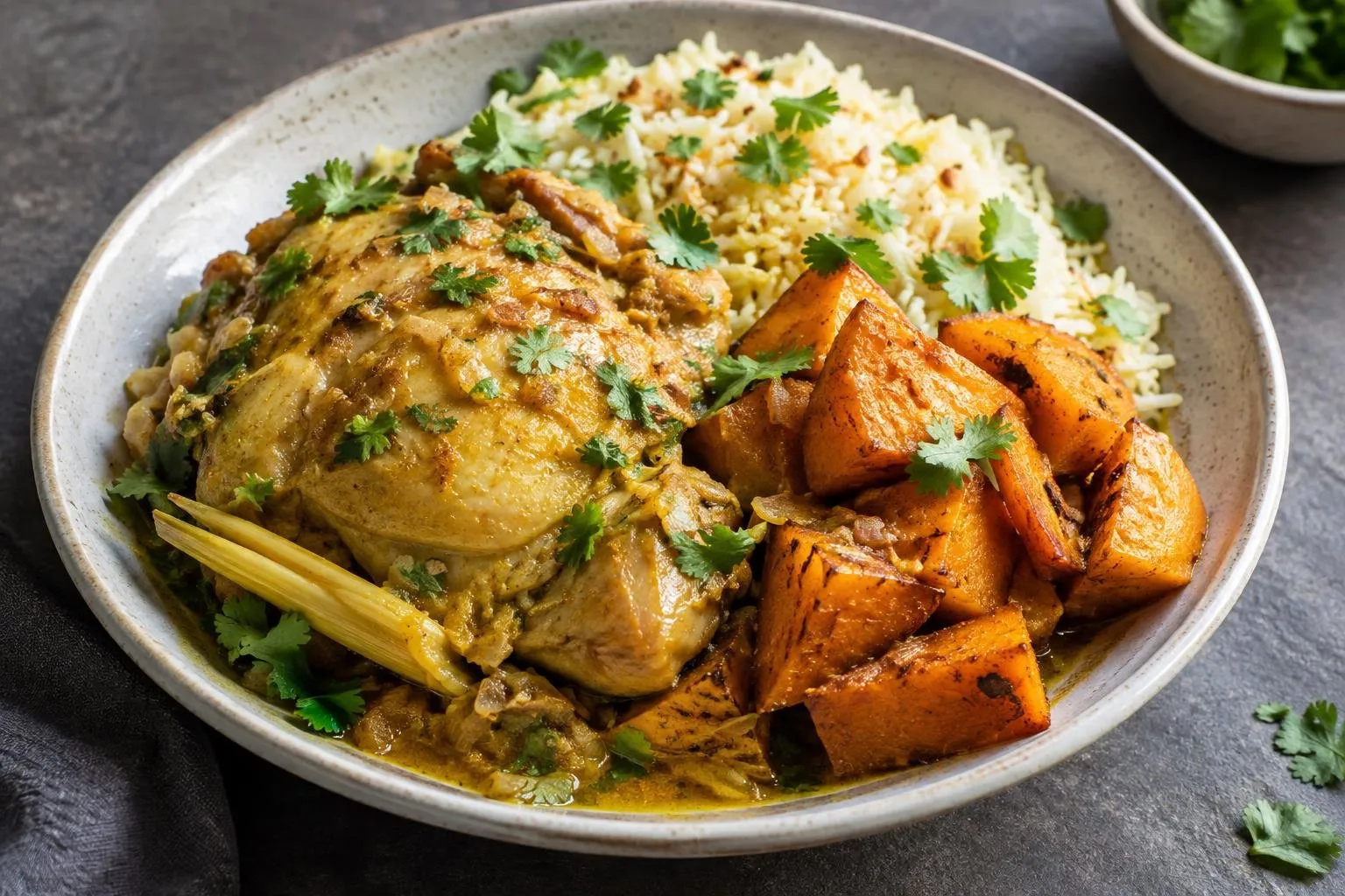 Indonesian-Inspired Poached Chicken with Spiced Pumpkin and Coconut Rice plated and ready to serve