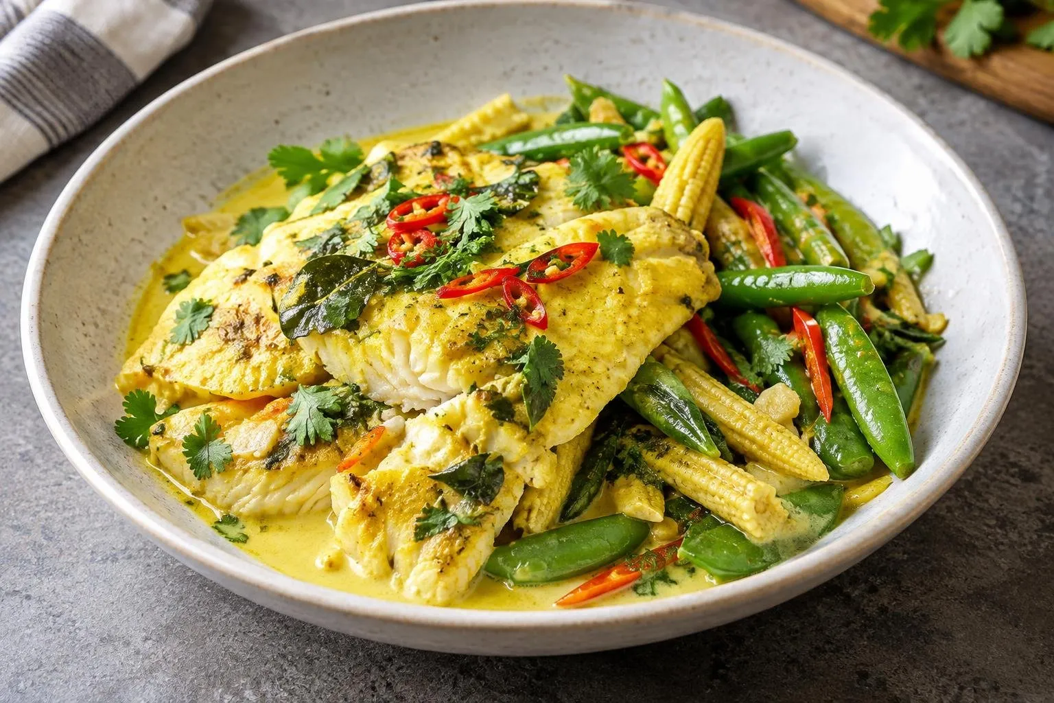 Indonesian-Style Steamed Fish with Turmeric and Coconut plated and ready to serve