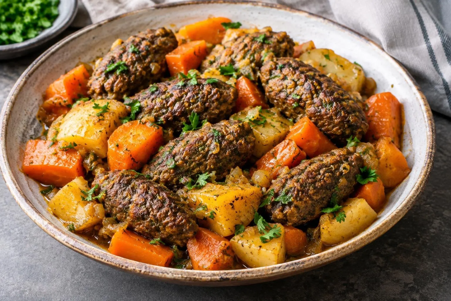 Lebanese Pressure-Cooked Beef Kofta with Winter Vegetables plated and ready to serve