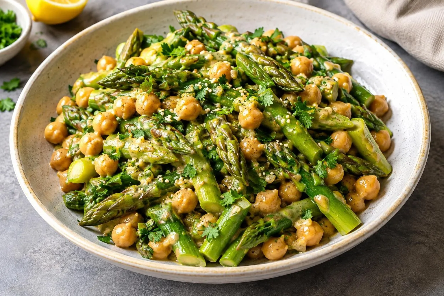Spring Asparagus and Chickpea Stir-Fry with Lemon-Tahini Sauce plated and ready to serve