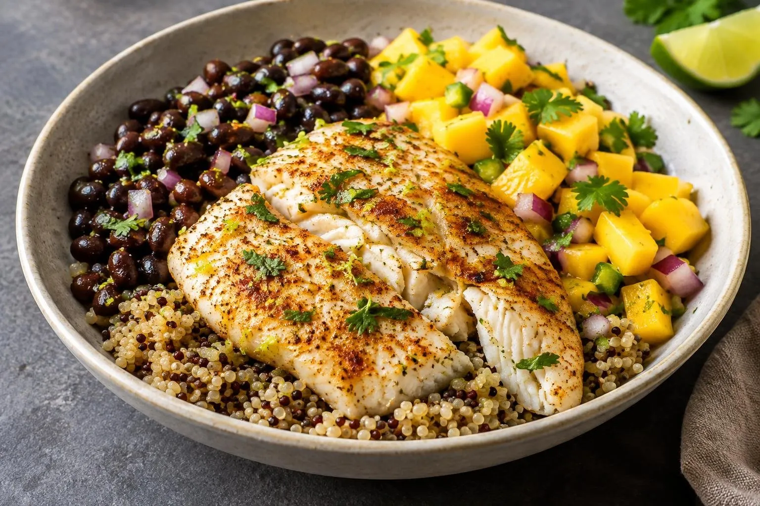 Caribbean Poached Mahi-Mahi Grain Bowl with Mango and Black Beans plated and ready to serve