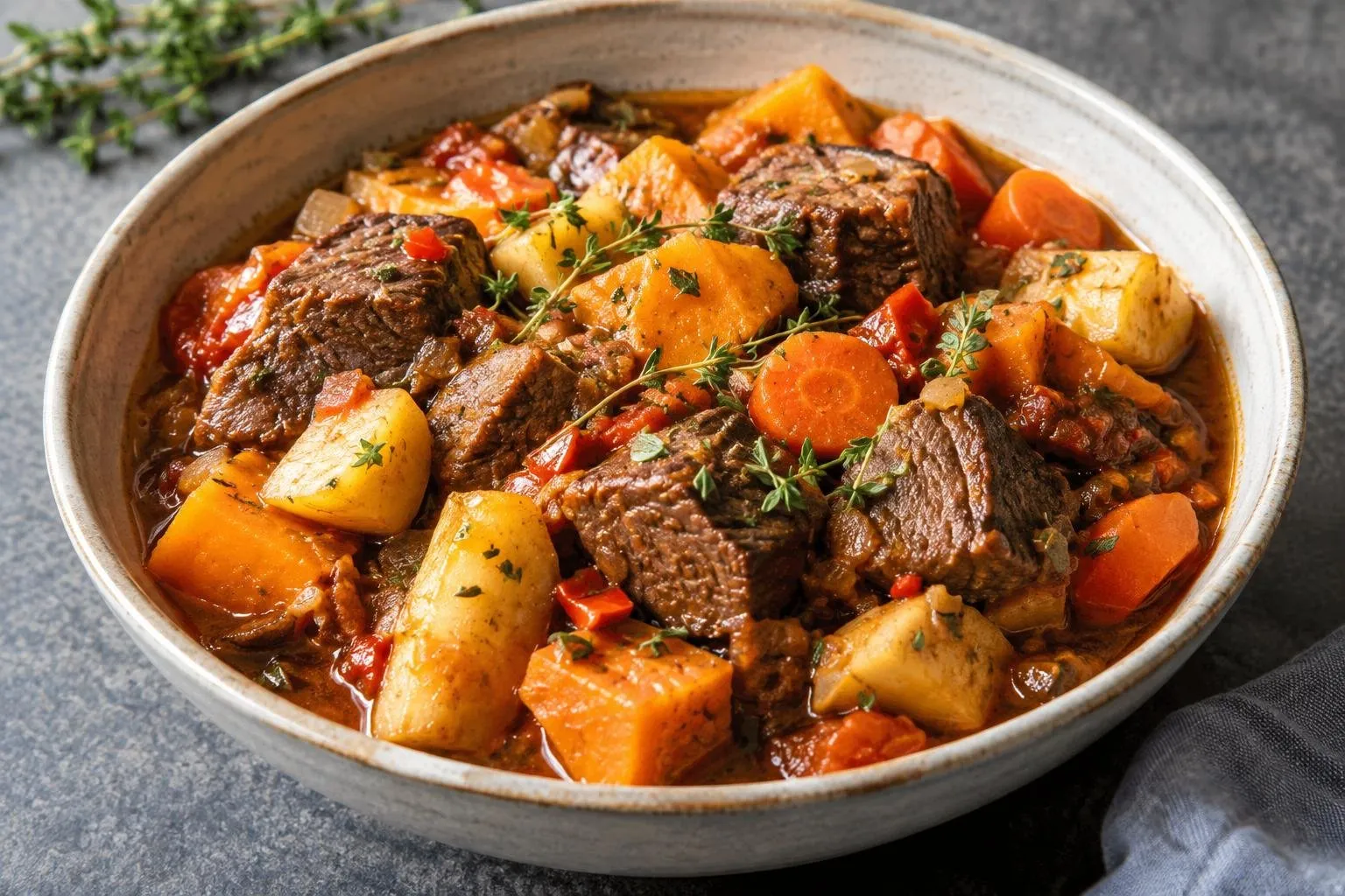 Slow-Braised Caribbean Beef Stew with Root Vegetables plated and ready to serve