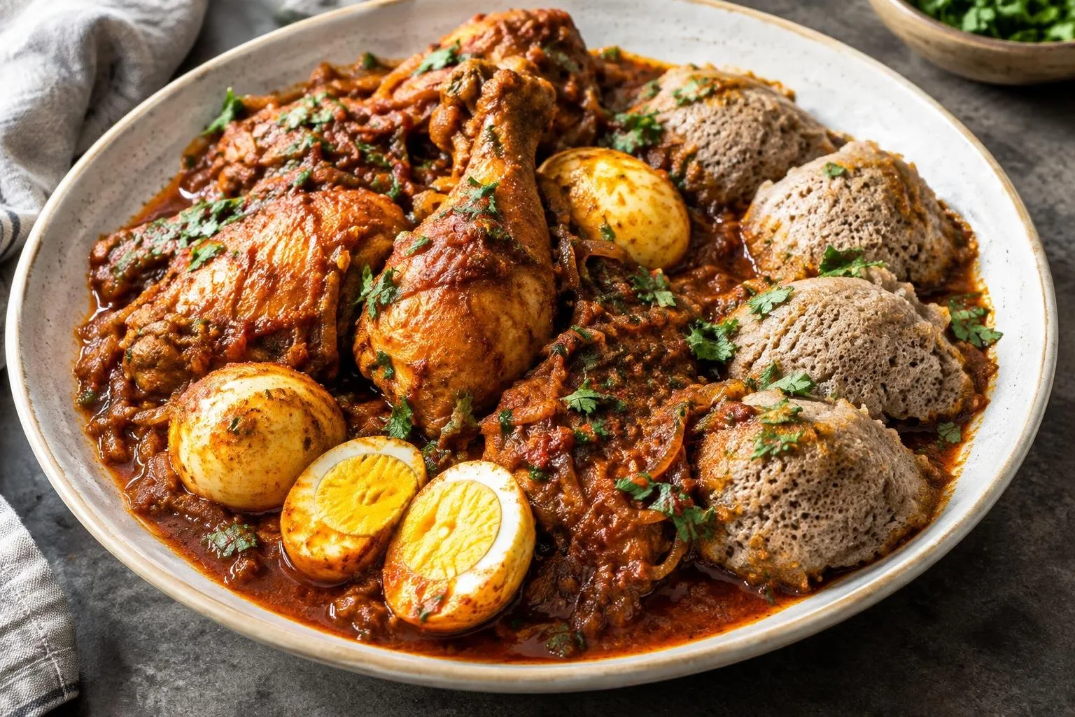 Ethiopian Slow-Braised Doro Wat with Injera Dumplings plated and ready to serve