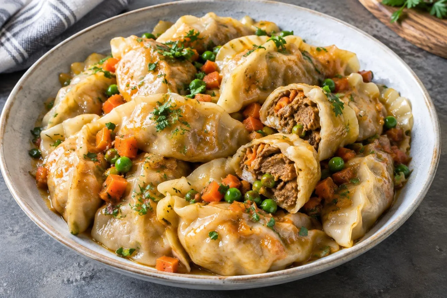 Slow-Braised Filipino Pork Asado Dumplings plated and ready to serve