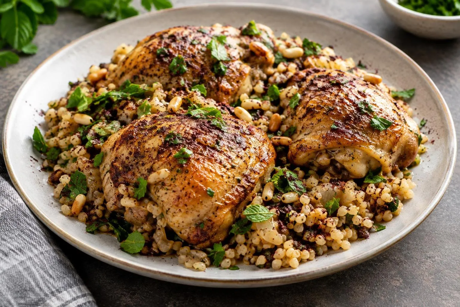Pressure-Cooked Lebanese Chicken with Sumac and Bulgur Pilaf plated and ready to serve