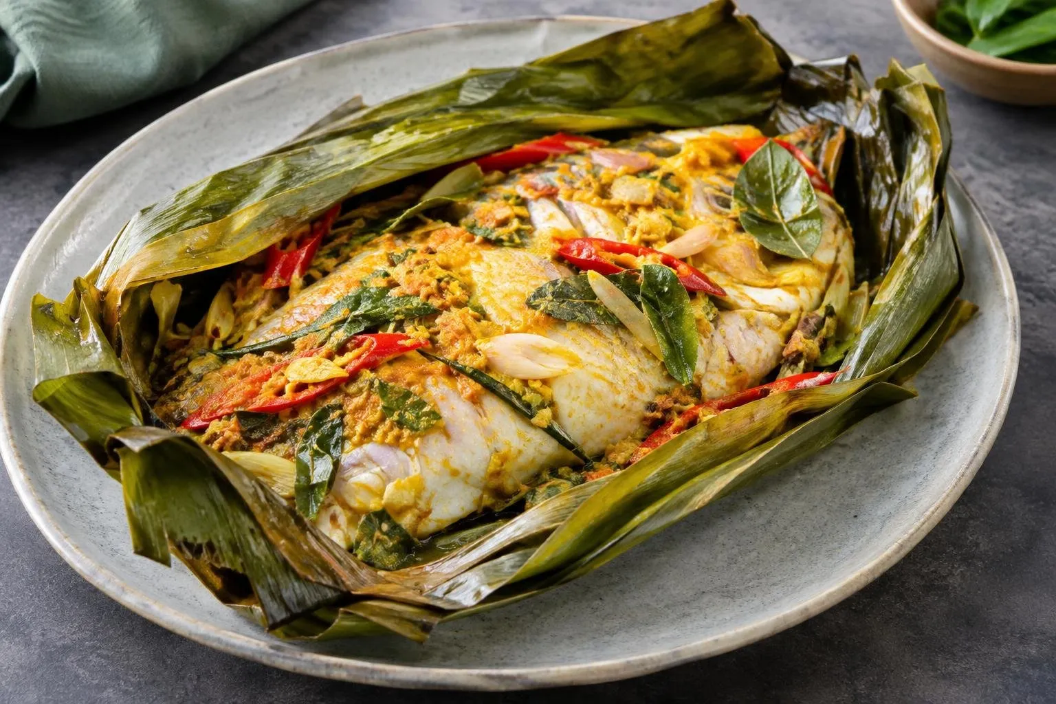 Indonesian Pepes Ikan (Steamed Spiced Fish in Banana Leaves) plated and ready to serve