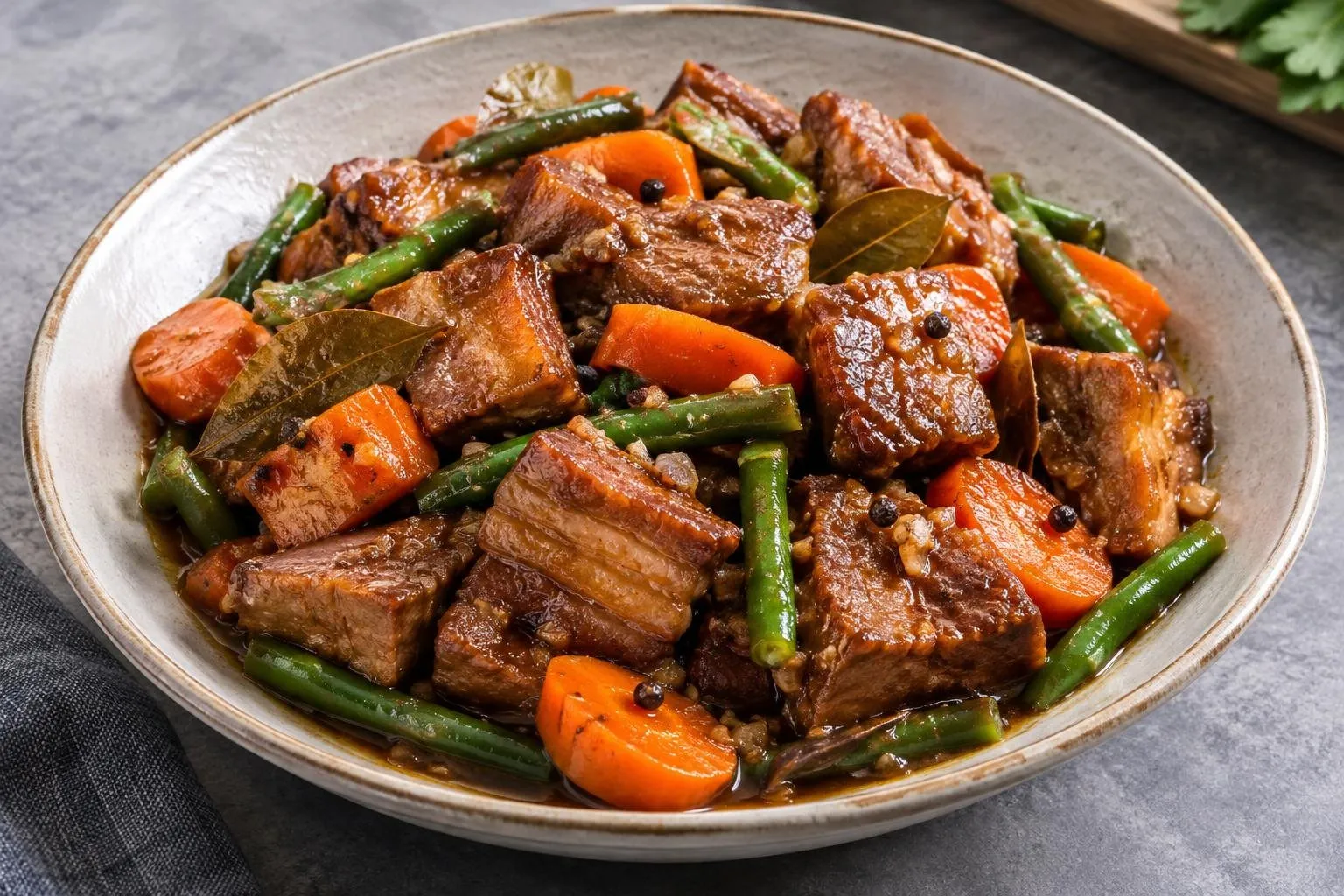 Pressure-Cooked Filipino Pork Adobo with Seasonal Vegetables plated and ready to serve