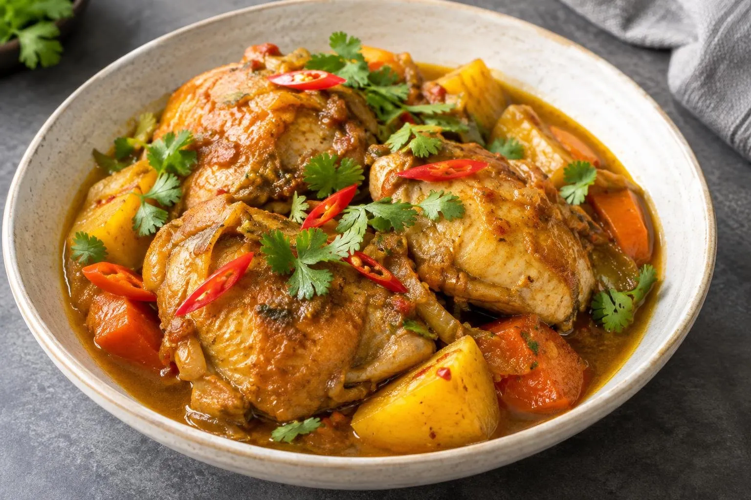 Indonesian Slow-Braised Chicken with Tamarind and Aromatic Spices plated and ready to serve