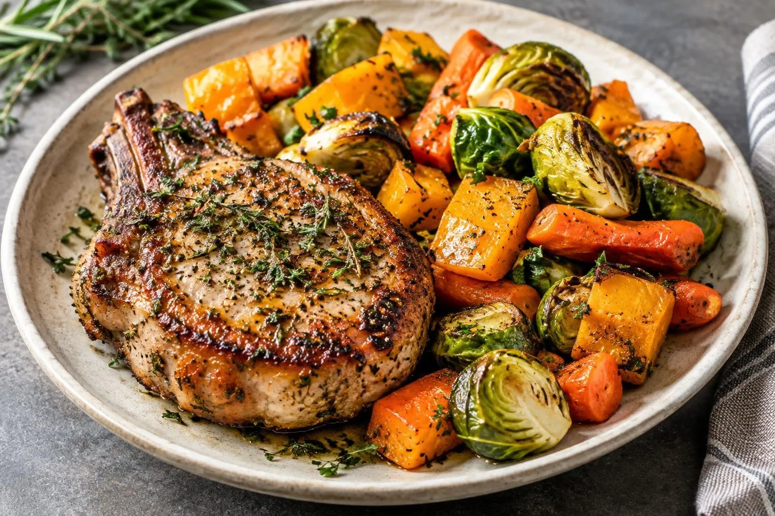 Seared Herb-Crusted Pork Chops with Roasted Autumn Vegetables plated and ready to serve
