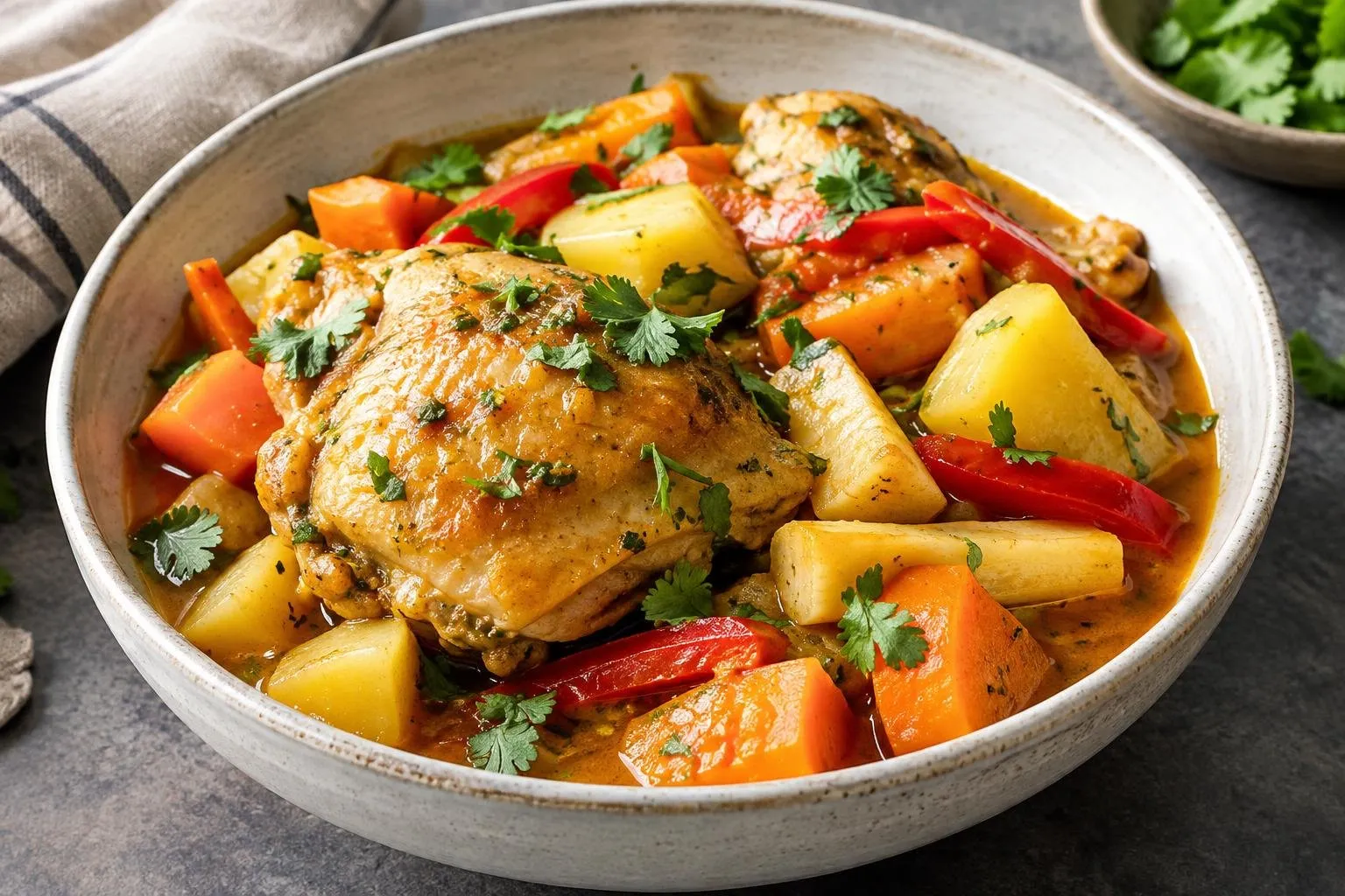 Peruvian Chicken Stew with Seasonal Vegetables plated and ready to serve