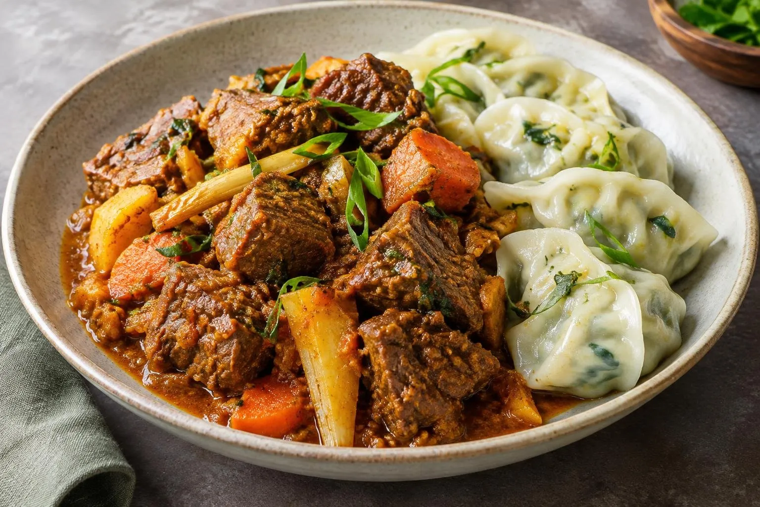 Indonesian-Inspired Beef Rendang with Steamed Dumplings plated and ready to serve