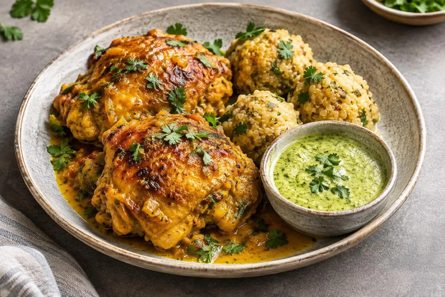 Pressure-Cooked Peruvian Chicken with Aji Verde Sauce and Quinoa Dumplings plated and ready to serve