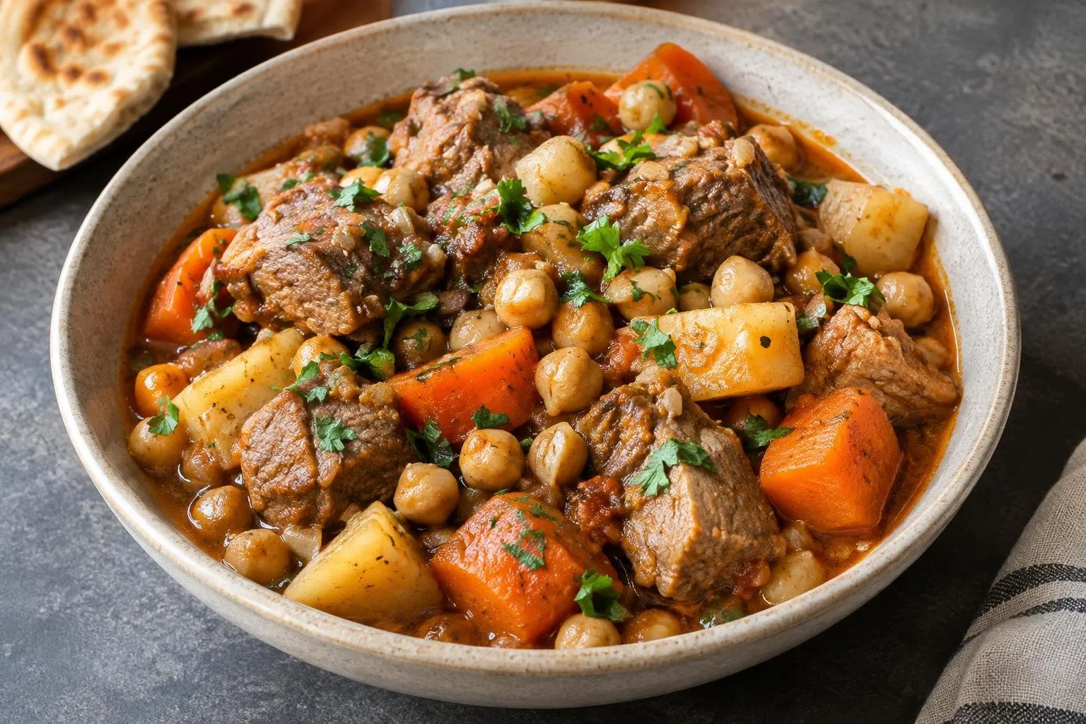 Lebanese Pressure-Cooked Lamb and Chickpea Stew plated and ready to serve