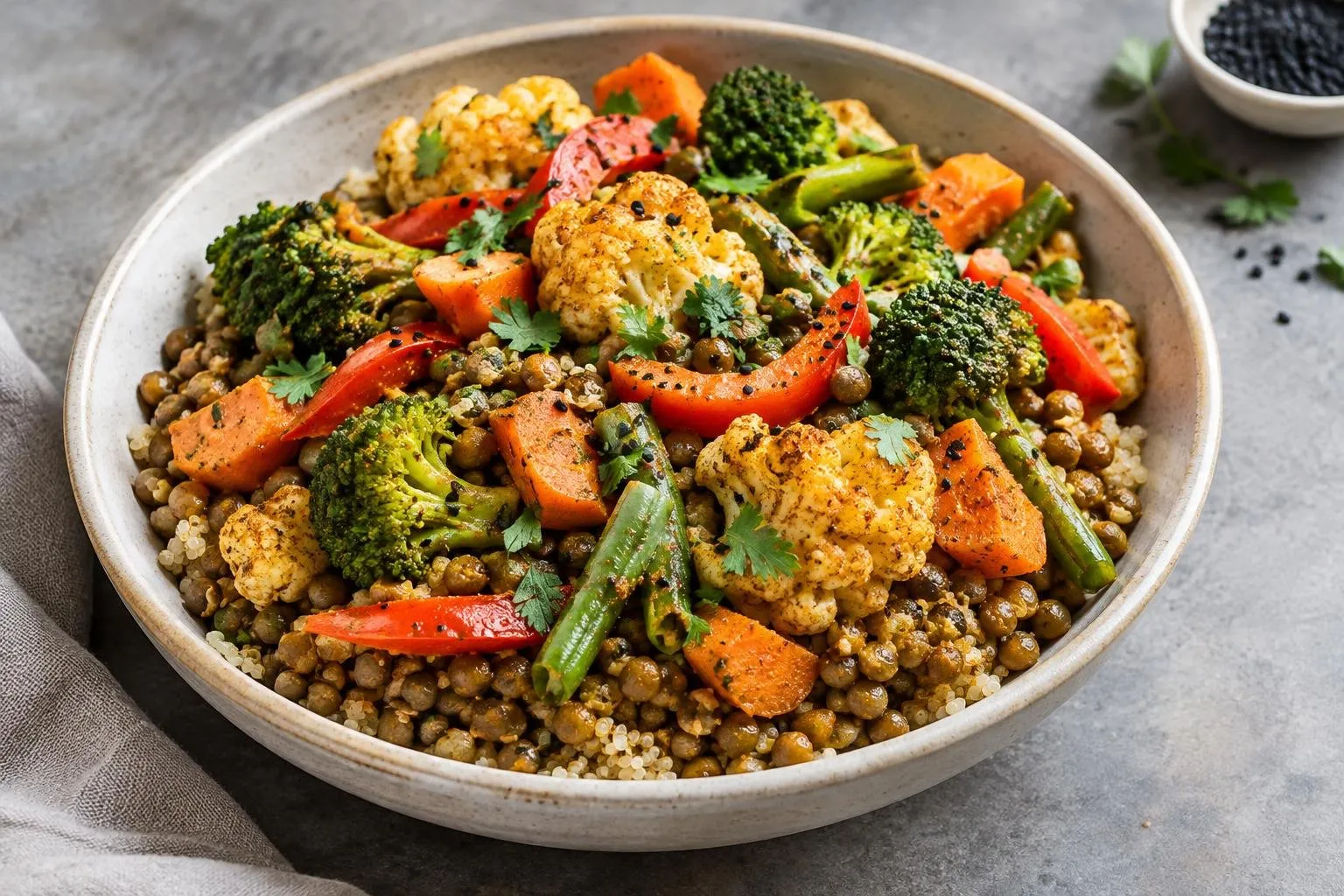 Ethiopian-Inspired Steamed Vegetable and Lentil Grain Bowl plated and ready to serve