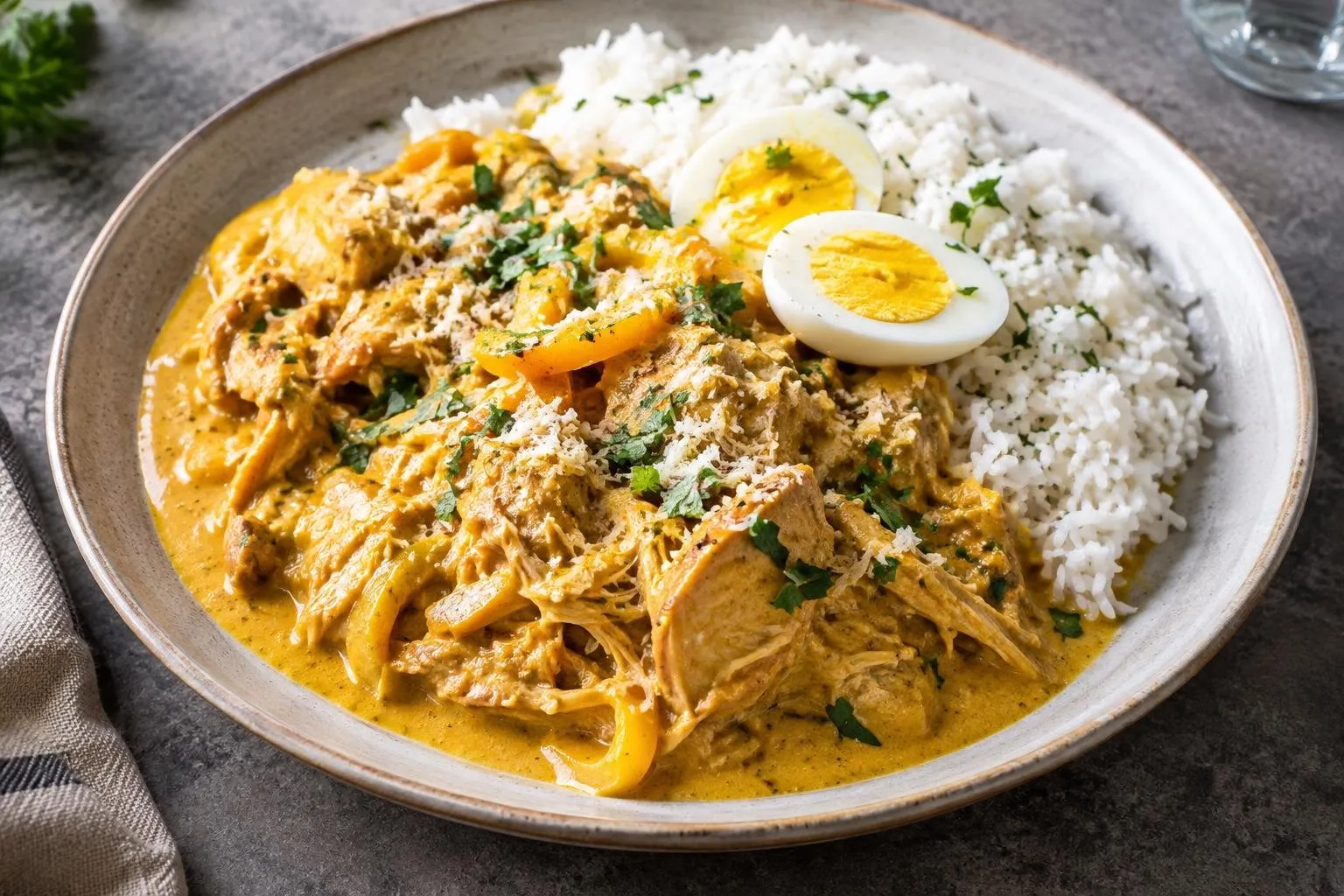 Aji de Gallina - Peruvian Chicken Stew with Spicy Walnut Sauce plated and ready to serve