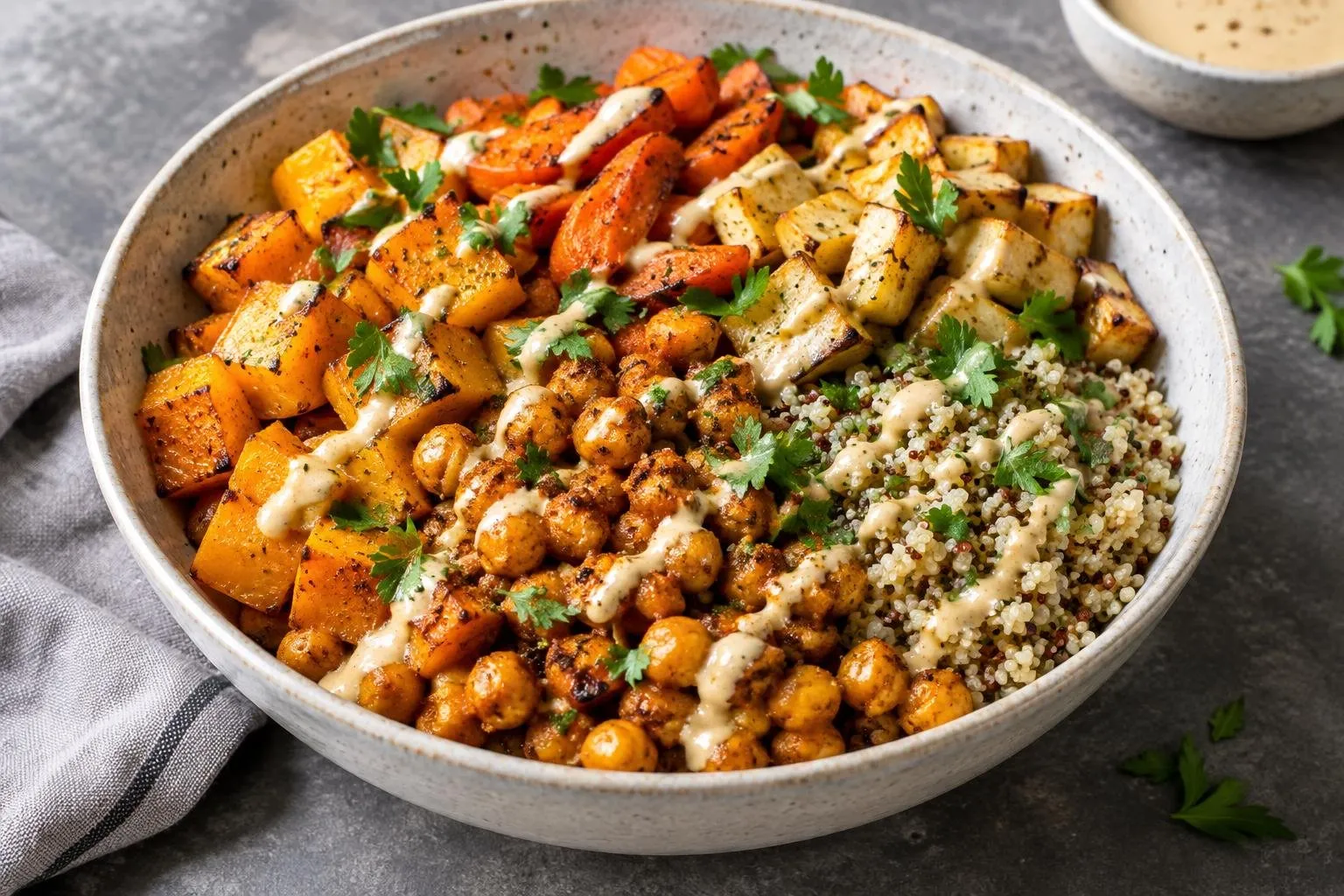 Autumn Spiced Harvest Buddha Bowl plated and ready to serve