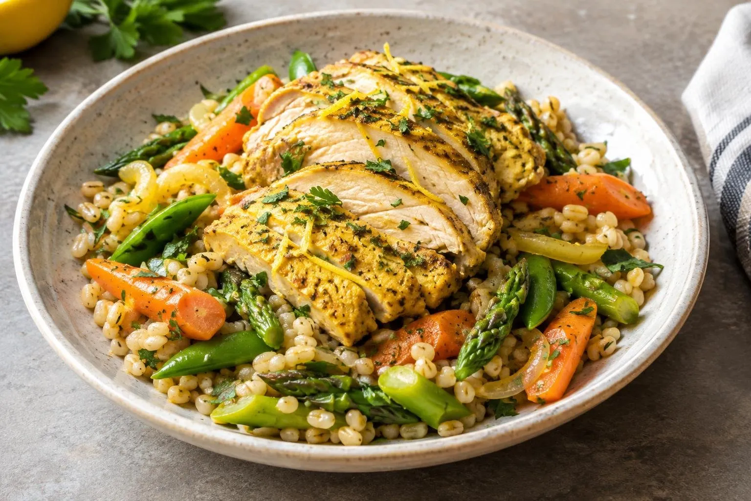 Lemony Poached Chicken with Spring Vegetables and Herb Barley plated and ready to serve