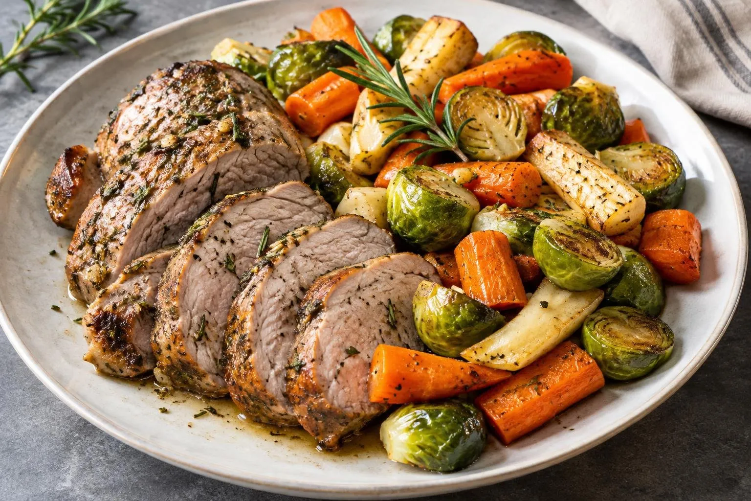 Rosemary Garlic Roasted Pork Tenderloin with Autumn Vegetables plated and ready to serve