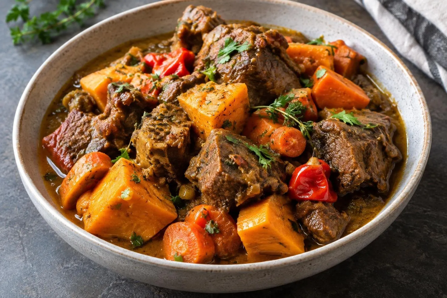 Pressure-Cooked Caribbean Goat Stew with Root Vegetables plated and ready to serve