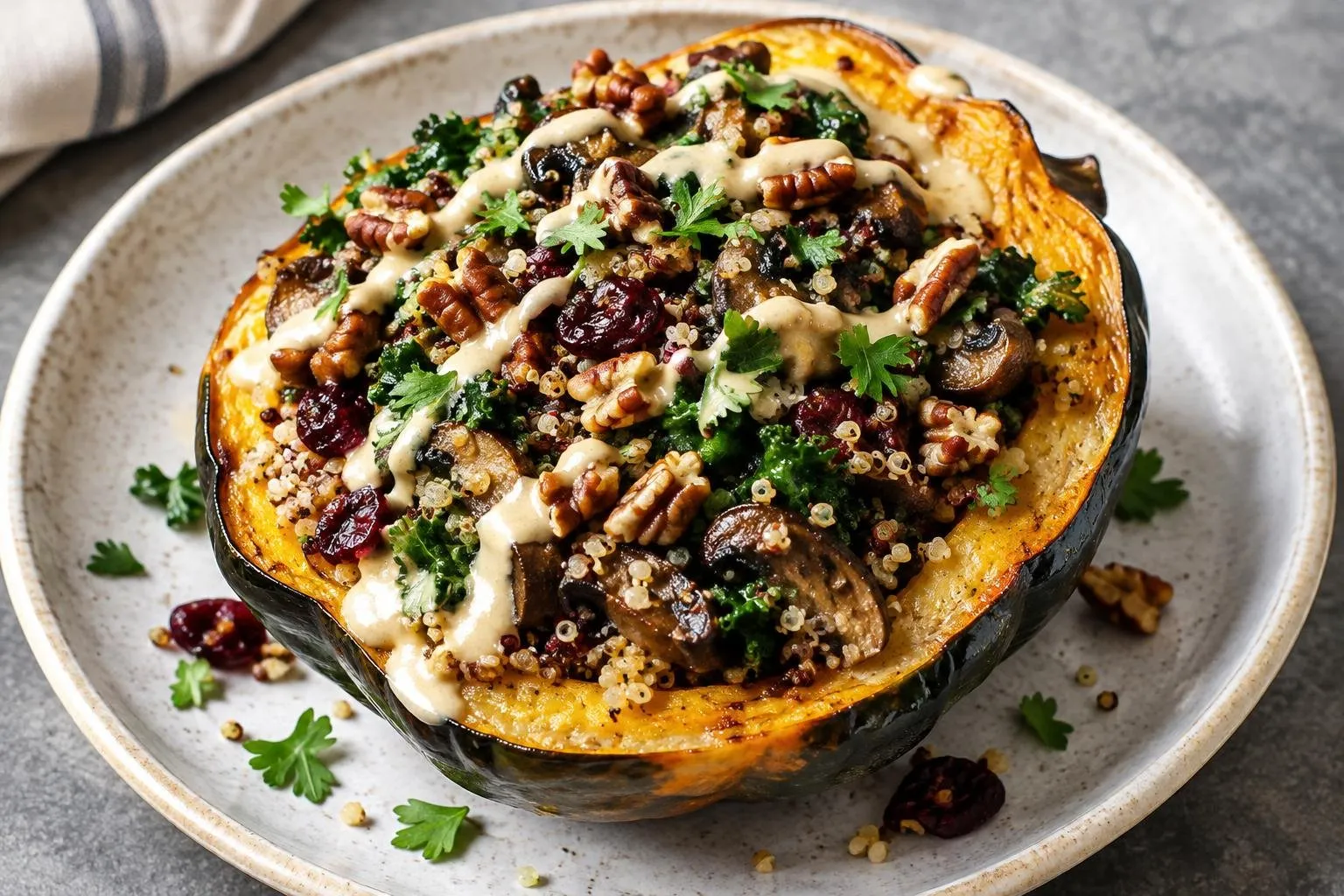 Autumn Harvest Stuffed Acorn Squash plated and ready to serve
