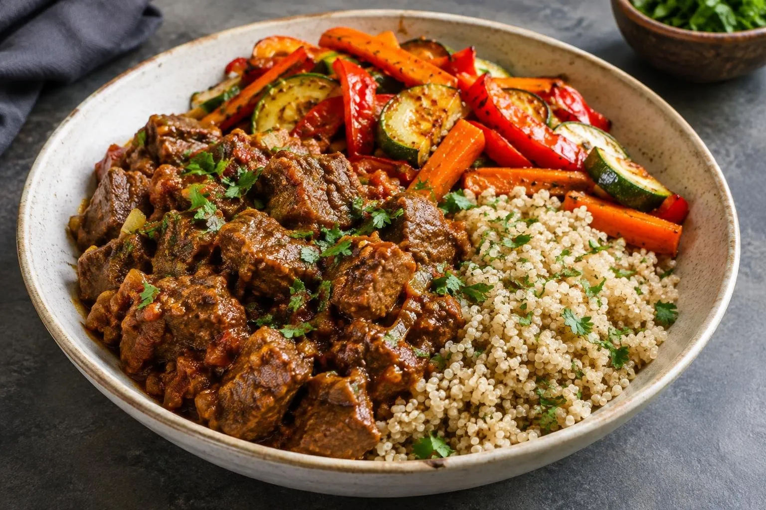 Ethiopian-Inspired Berbere Spiced Beef and Teff Grain Bowl plated and ready to serve