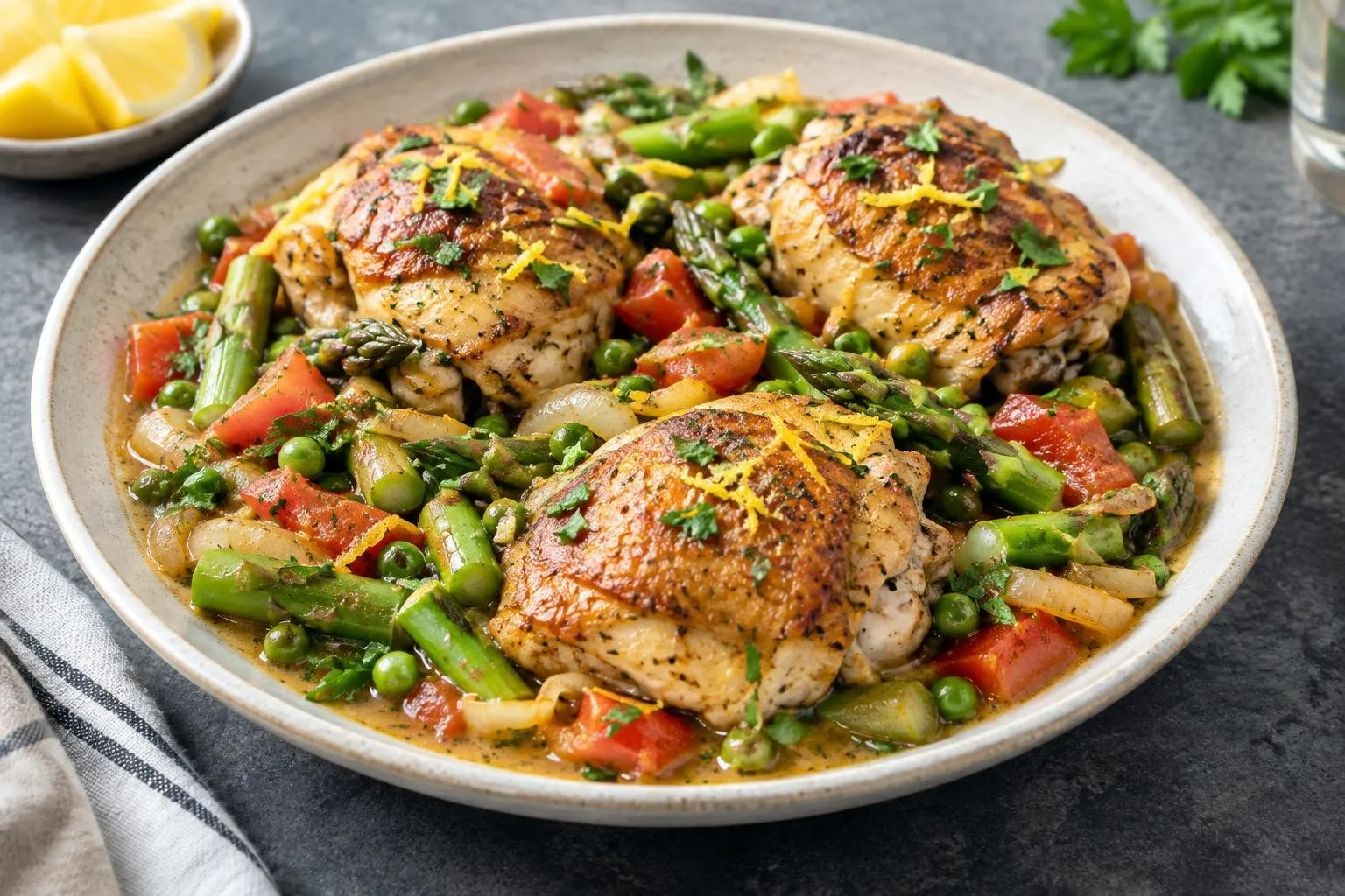Lebanese Chicken Skillet with Seasonal Vegetables plated and ready to serve