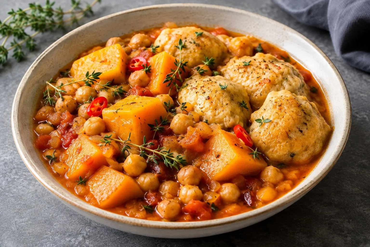 Caribbean Pumpkin and Chickpea Stew with Spiced Dumplings plated and ready to serve
