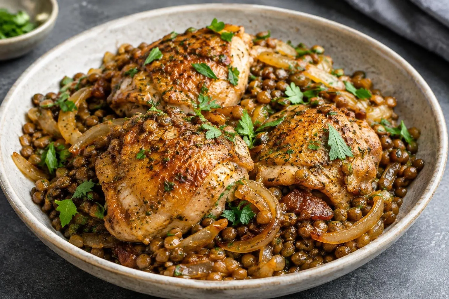 Lebanese Chicken Mujaddara with Lentils and Caramelized Onions plated and ready to serve