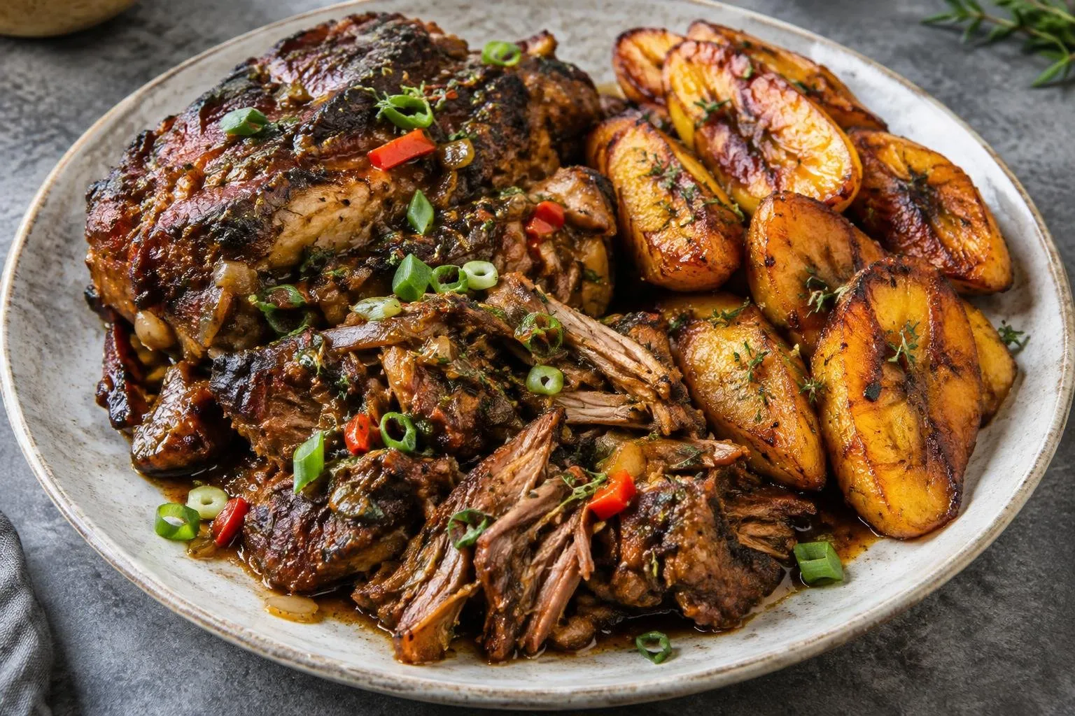 Slow-Braised Caribbean Jerk Pork Shoulder with Sweet Plantains plated and ready to serve