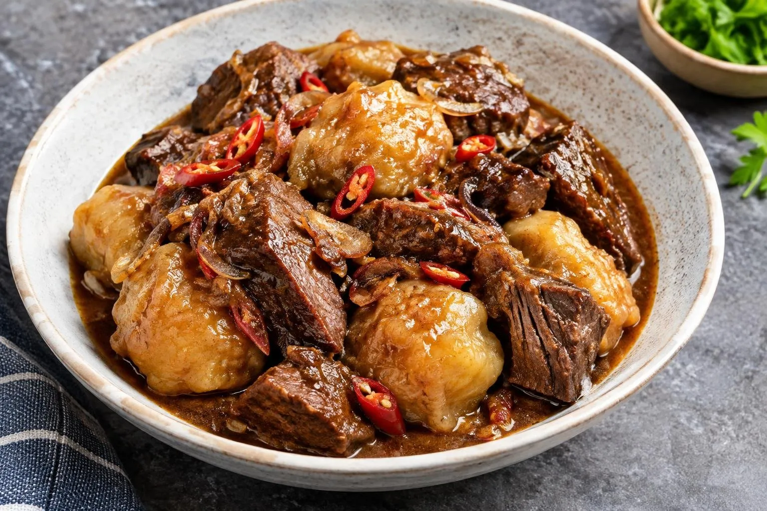 Slow-Braised Indonesian Beef Semur with Cassava Dumplings plated and ready to serve