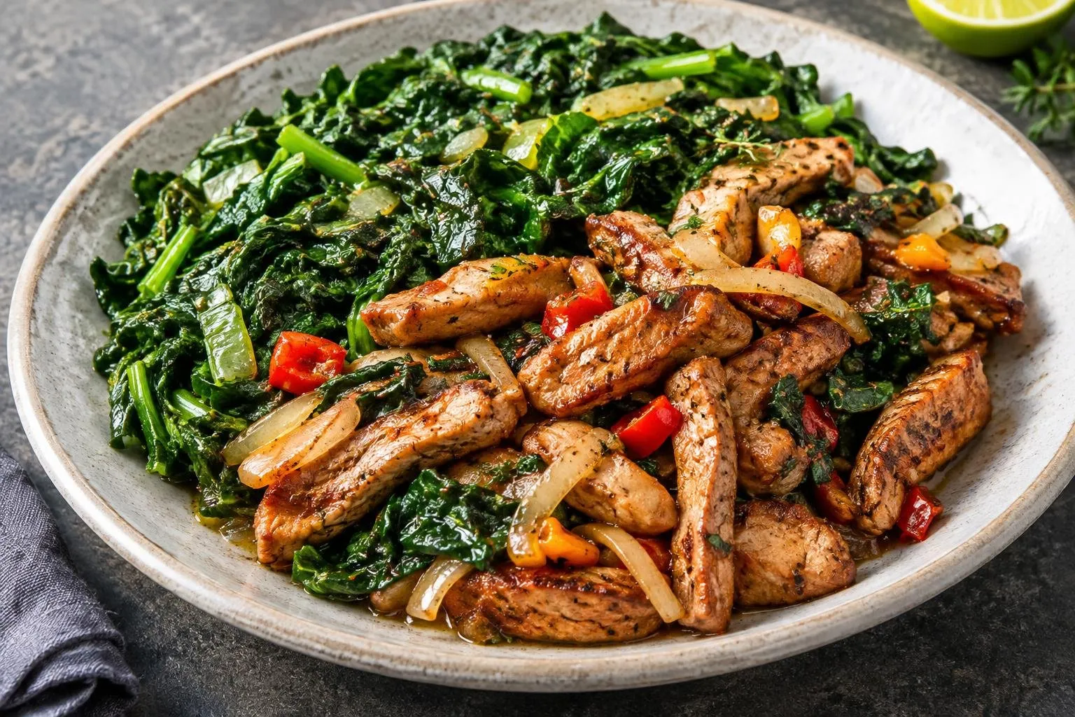 Caribbean-Style Steamed Callaloo with Spiced Pork plated and ready to serve