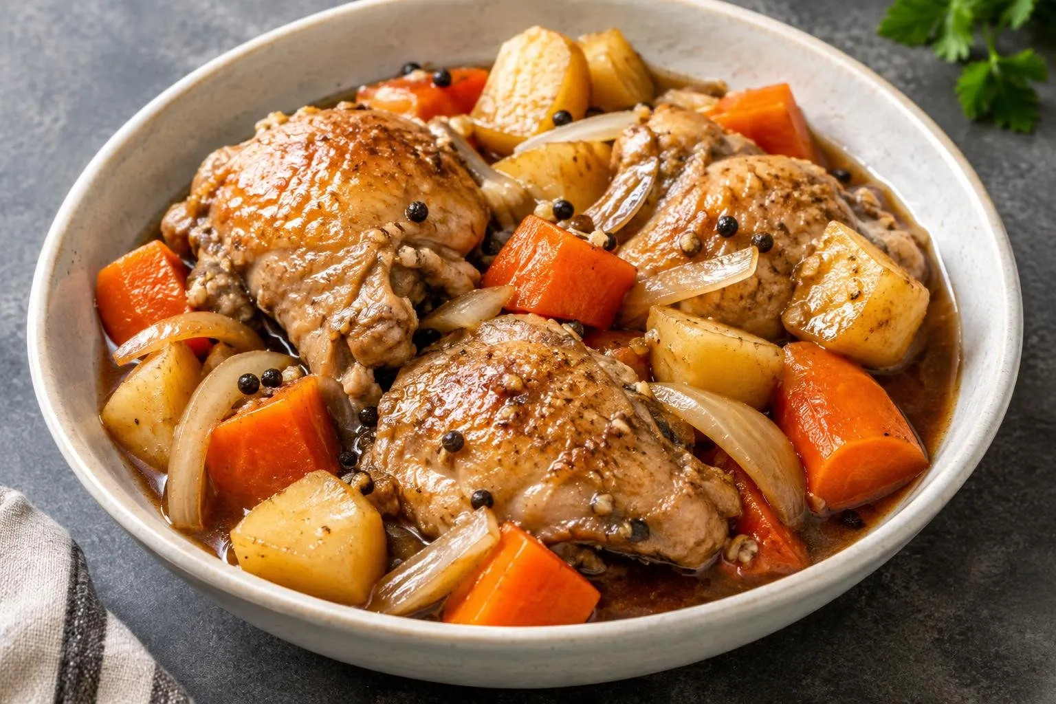 Filipino Chicken Adobo Stew with Seasonal Vegetables plated and ready to serve
