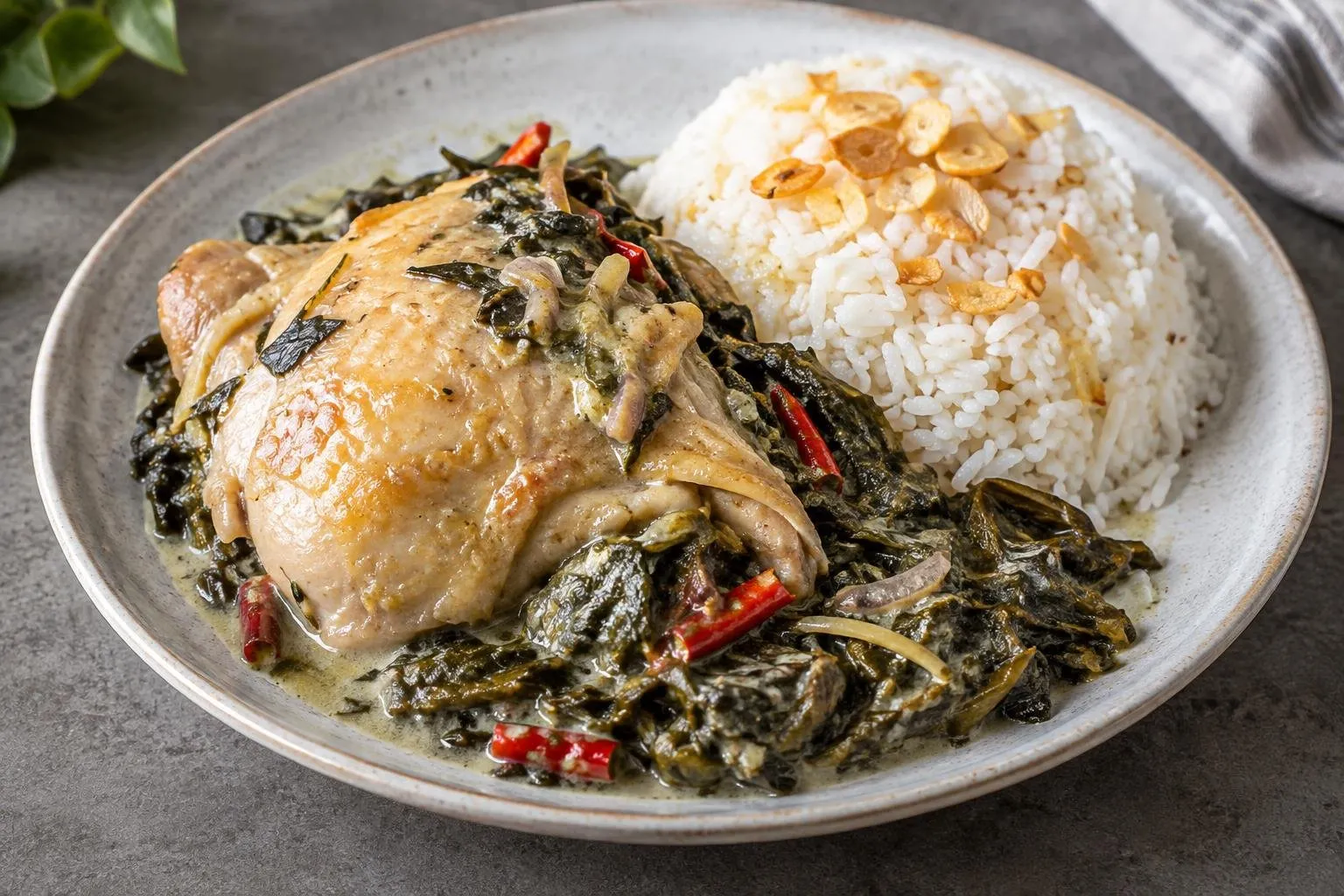 Steamed Chicken with Laing and Garlic Rice plated and ready to serve