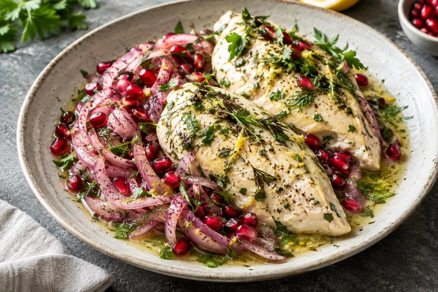 Poached Lemon Herb Chicken with Sumac Onions and Pomegranate plated and ready to serve
