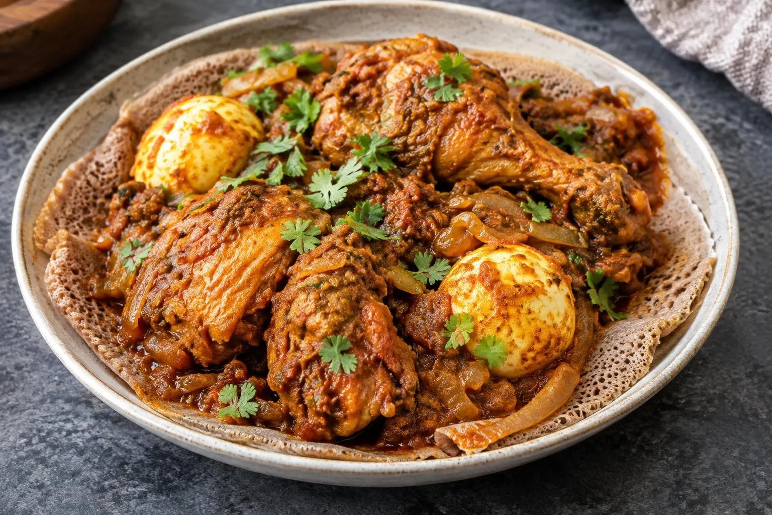 Doro Wot (Ethiopian Spiced Chicken Stew) plated and ready to serve