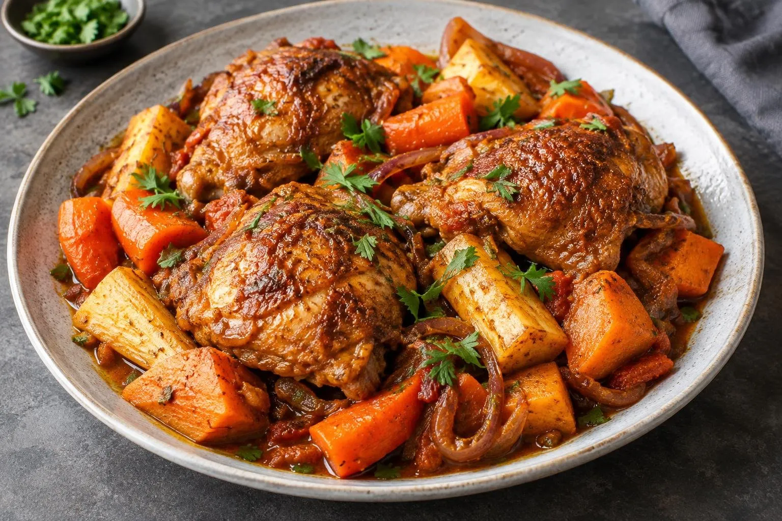 Pressure-Cooked Doro Wat with Seasonal Root Vegetables plated and ready to serve